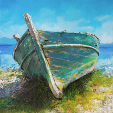 Verlassen am Ufer: Altes Fischerboot – Acryl auf Leinwand