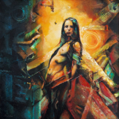 Sinnliche Aktpose, eingebettet in eine morbide Fantasy-Welt – Acryl auf Leinwand