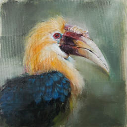 Ölgemälde eines Hornvogels in der schnellen Alla-Prima-Malweise